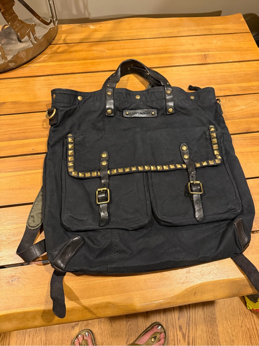 Campomaggi Black Canvas Backpack with Gold Stud Accents